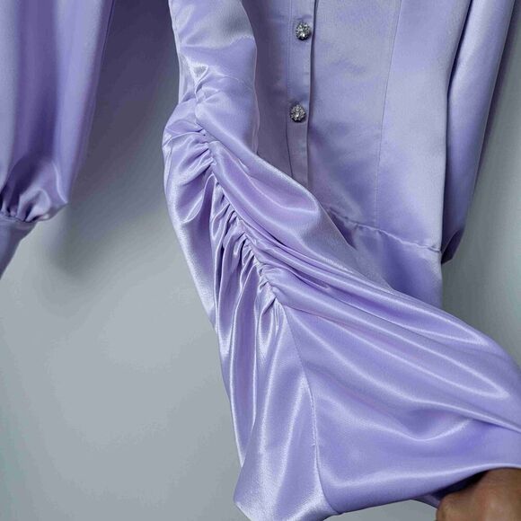 LEDAíR Lilac Long Sleeve V Neck Button Front Draped Hem Dress Blouse Medium - Picture 5 of 12
